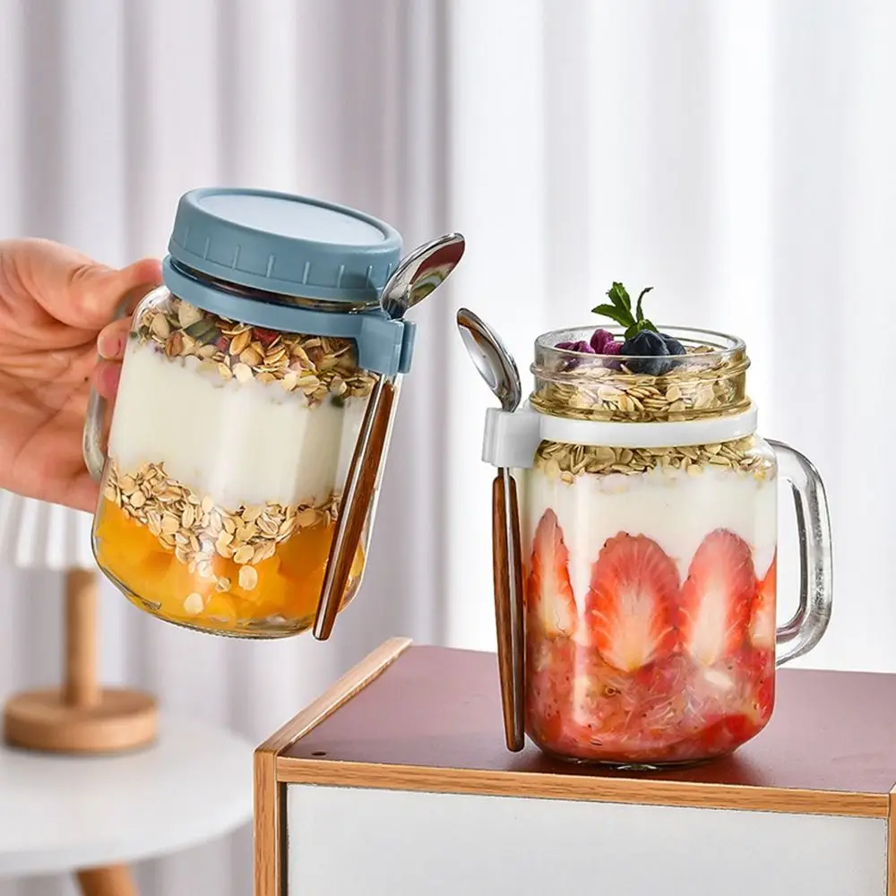 Overnight Oats Jars with Lids Yogurt Pot 450ml Wide Mouth Glass Breakfast Jar with Spoons & Handle Leakproof Container