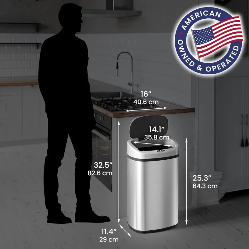 SensorCan 13 Gallon Kitchen Trash Can With Odor Filter, Stainless Steel Oval Automatic Trashcan For Home Office Bedro
