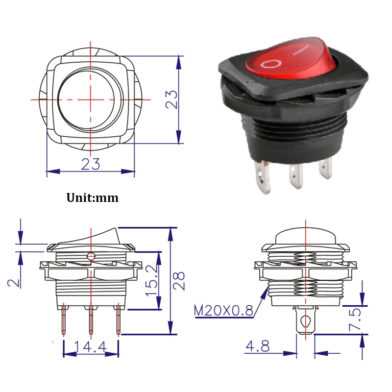 (1 Pack）250V 6A ON OFF 2 Position 3PIN 23mm Red Led Rocker Switch With Nut