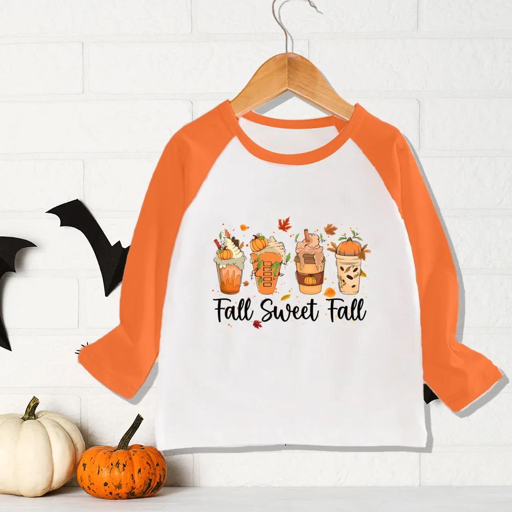 Fall for Jesus He Never Leaves Print Shirt Kids Thanksgiving Halloween Party T-shirt Boys Girls Raglan Sleeve Tee Child Fall Top