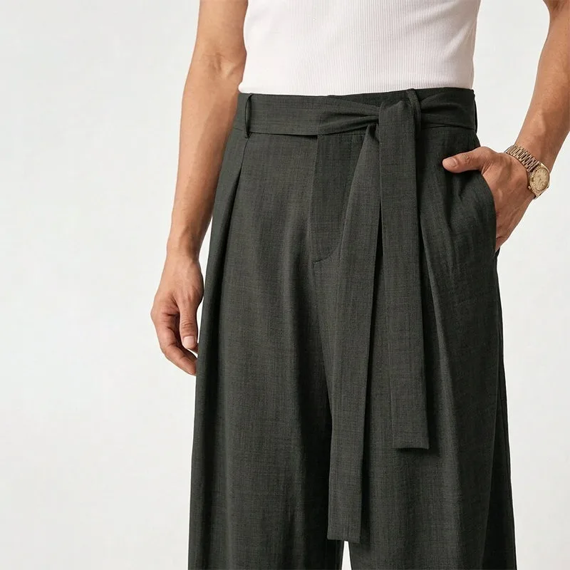 KIDWHXR Herrenhose, locker geschnitten, mittelhoher Bund, atmungsaktiv, Vintage-Plisseehose, gerade geschnitten, mit Kordelzug, Business Casual Herrenhose – Detail 7