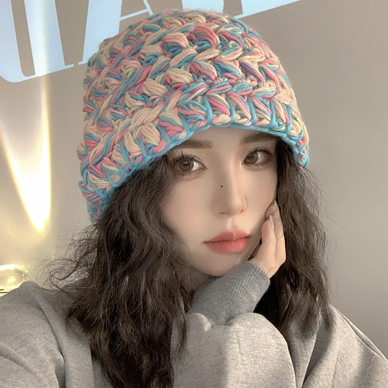 

Autumn Winter Thick Niche Color Matching Wool Hat Female Rainbow Gorgeous Warm Hand-knitted Hats Retro Color Mixing Basin Cap