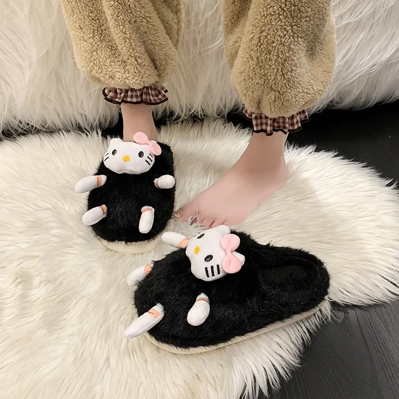 Sanrio Hello Kitty carino divertente nero soffici pantofole da donna autunno e inverno nuovo fondo spesso caldo cartone animato borsa testa mop di cotone