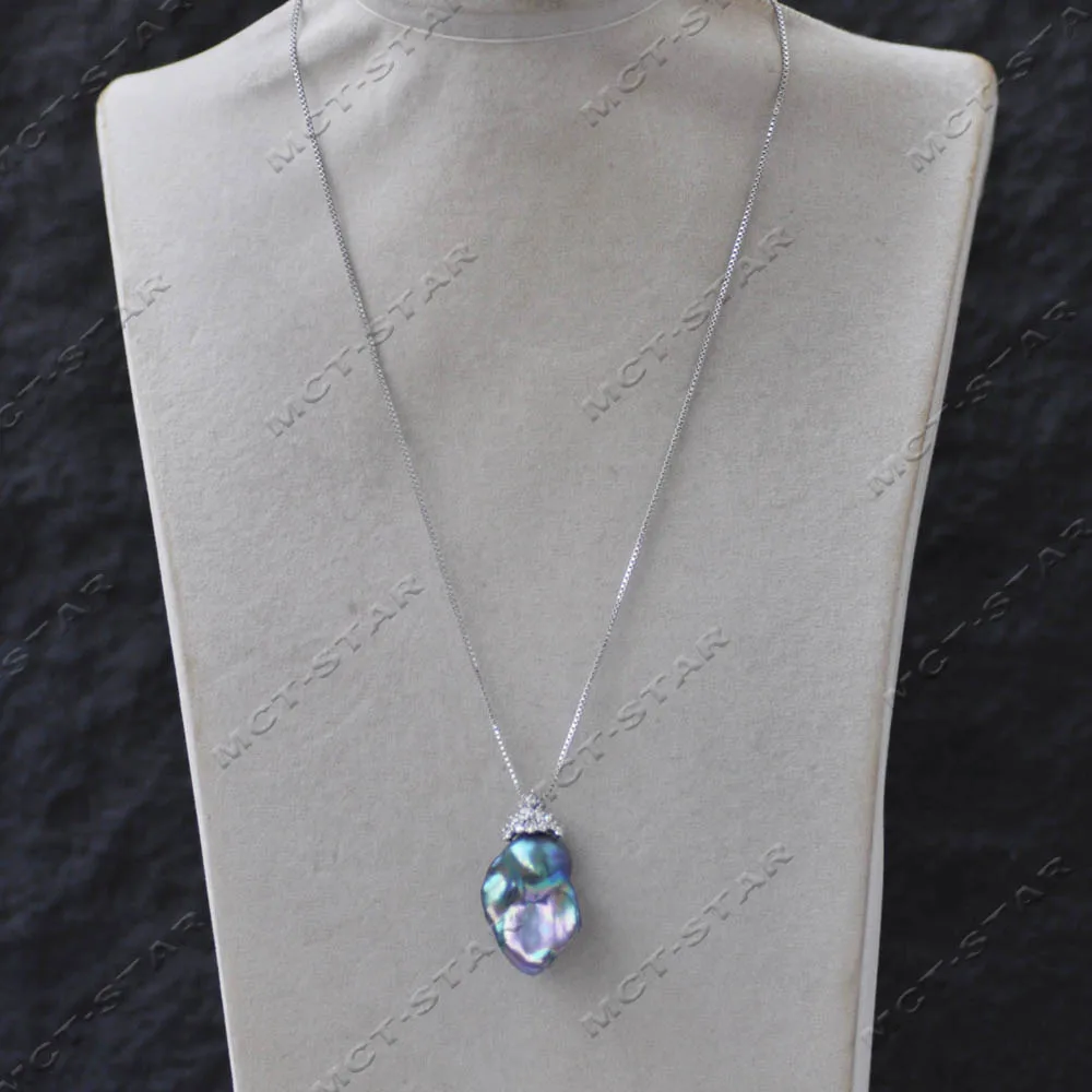 

MTC·STAR A+ 26mm Peacock-Black Baroque Keshi Reborn Pearl Crown CZ Pendant (Z14267)