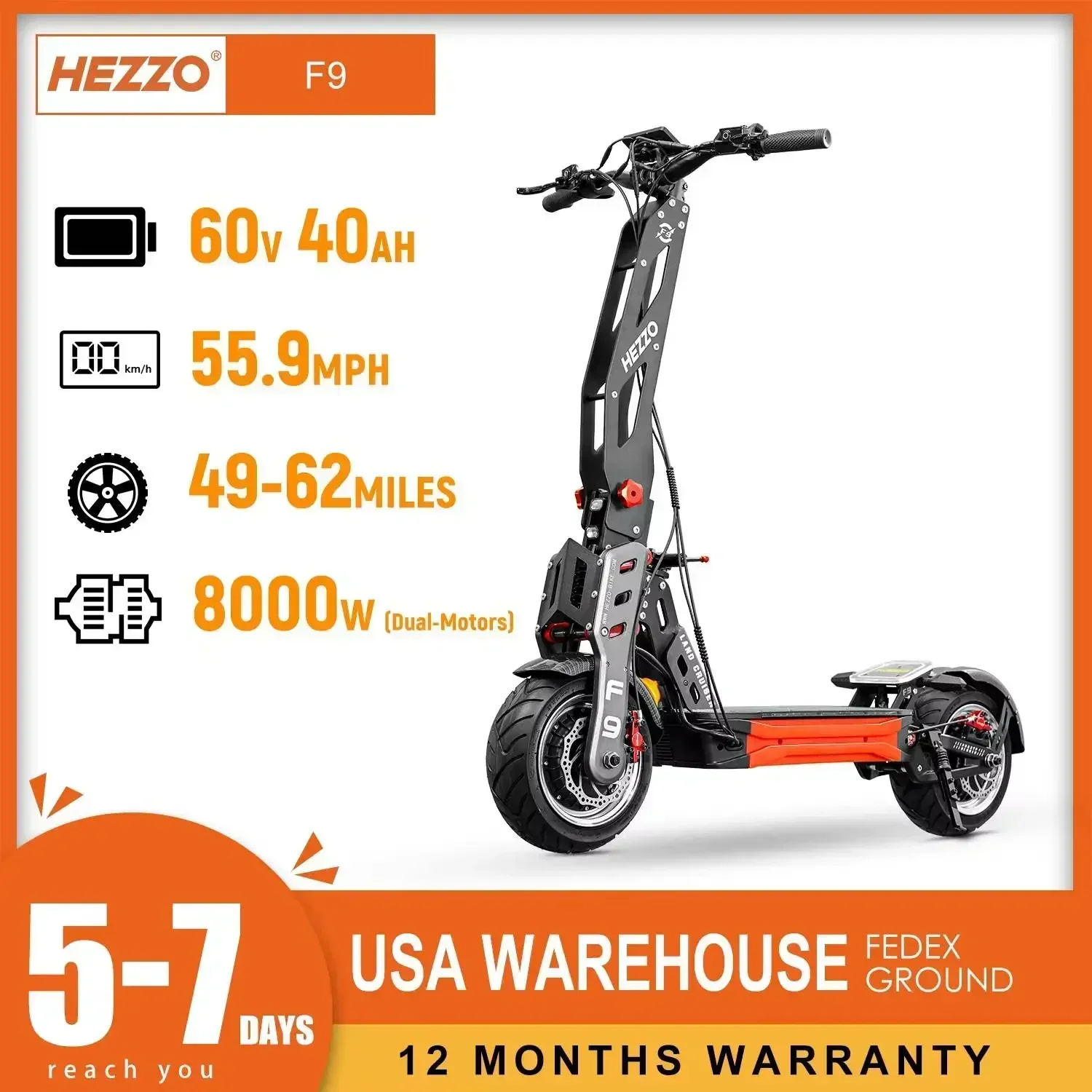 HEZZO-Trottinette électrique tout-terrain, 60V, 8000W, 62,5 MPH, 40Ah, 63 milles, avec amortissement NDavid, 12 pouces, moteur pour touristes