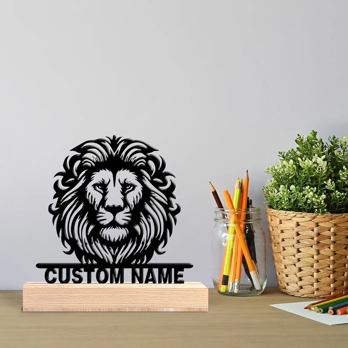 A customized abstract art piece Lion Abstract wrought iron wooden base desktop artwork Natural elements and personalized custom