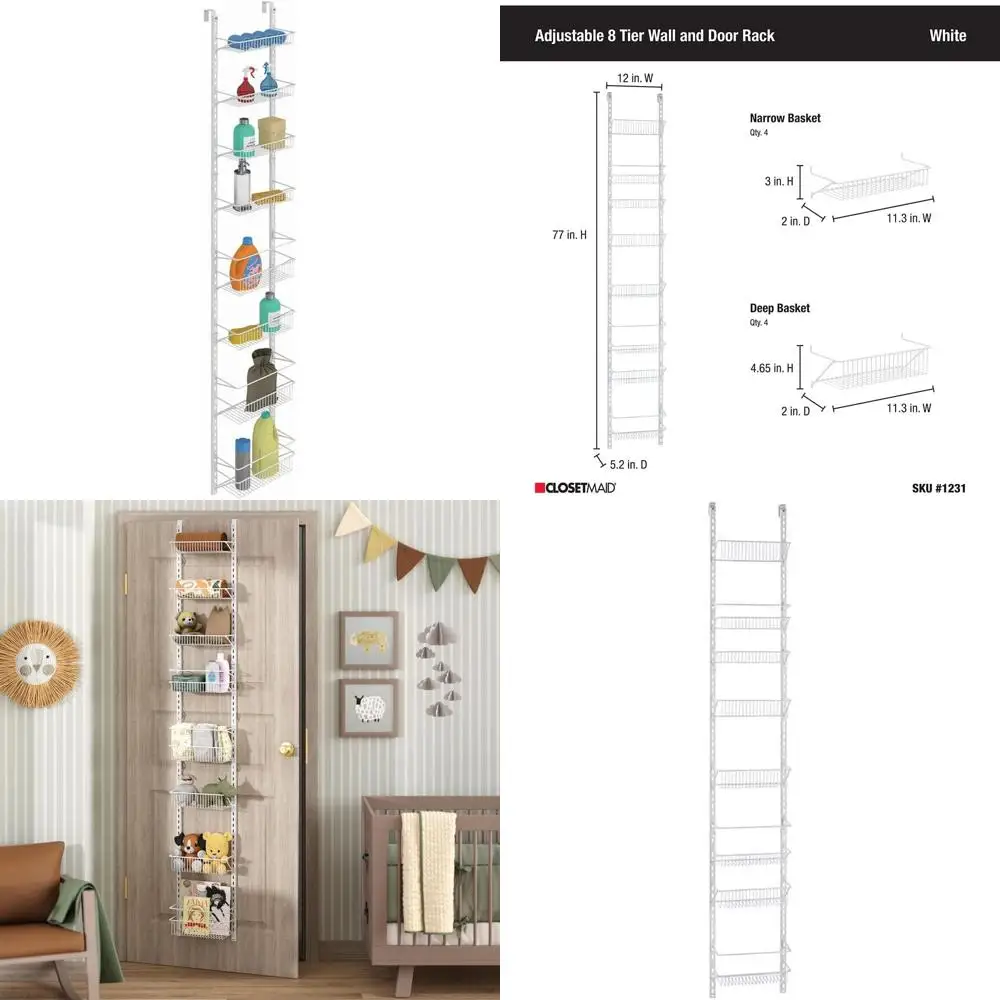 

Adjustable Organizer Rack with Baskets Wall or Over Door Mount, or Kitchen, Pantry, Utility Room, Closet, 12 in. W, White inish