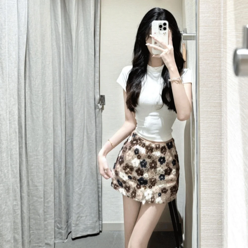 Temperament Slim Flower Sequin Bodycon Skirt Women's Stylish Retro Niche A-line Mini Skirt Baddie Style Sexy High Waist Skirt