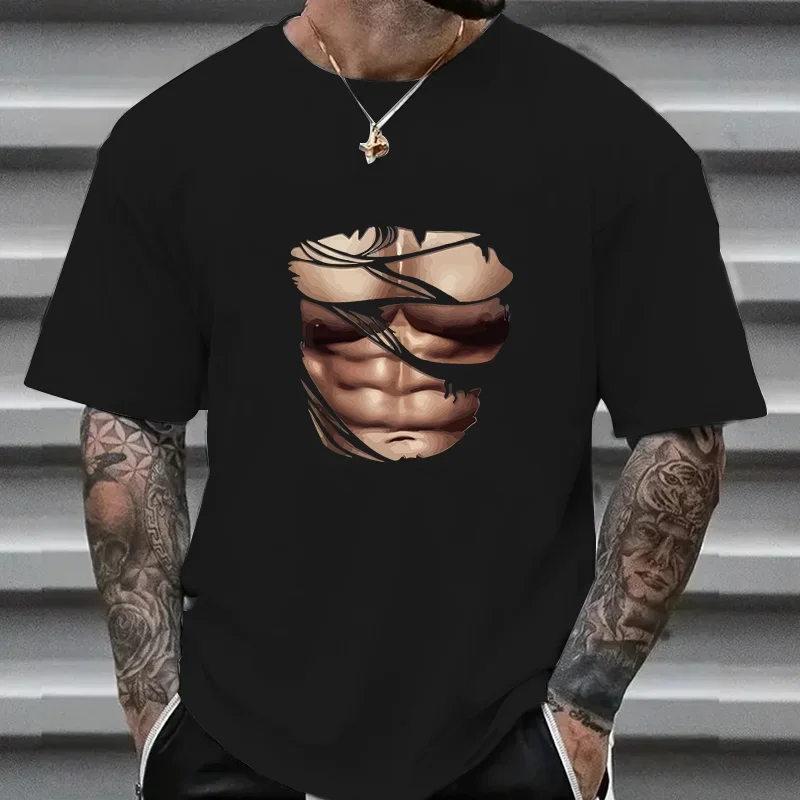 

Interesting Abdominal Muscle Design Printed T-shirt Fashionable Street Personality Men's T-shirt 100% Pure Cotton High-quality