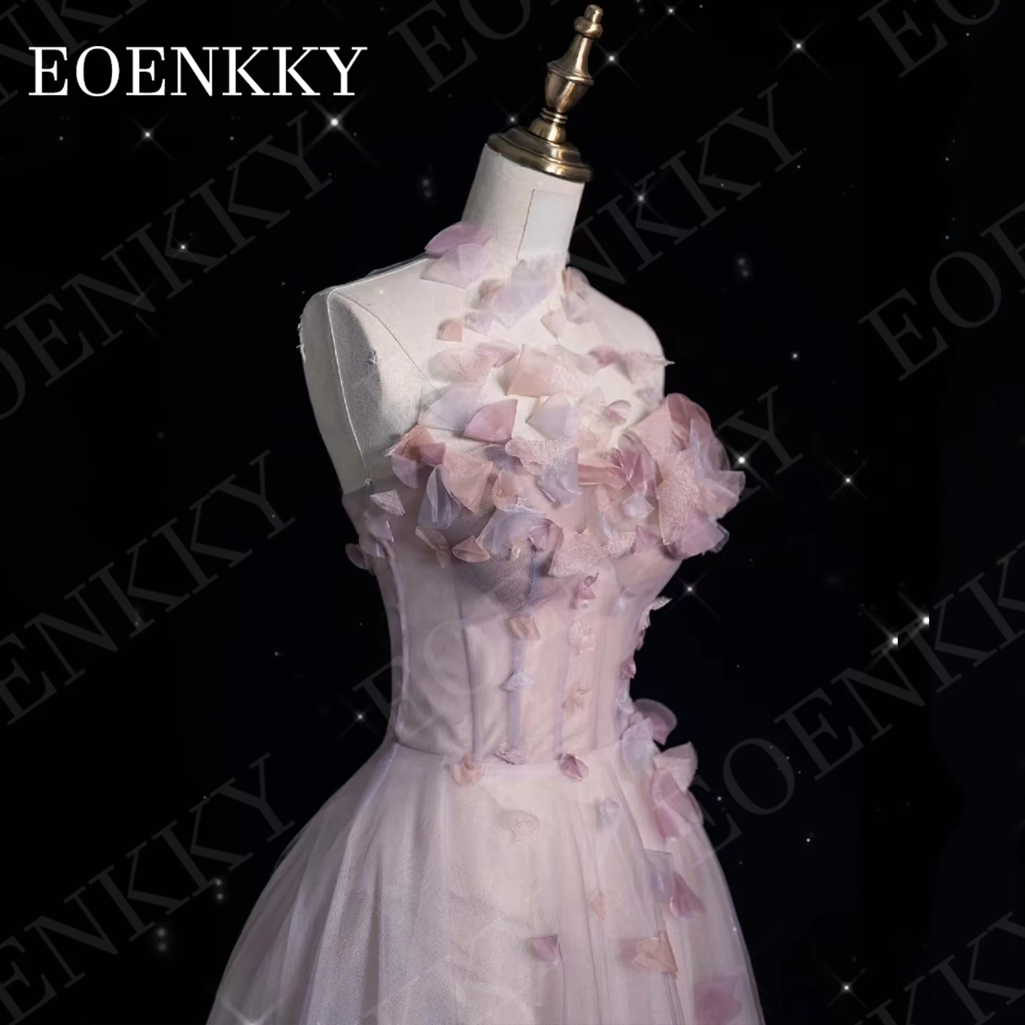 EOENKKY Luxury Strapless Prom Dress 2024 Elegant 3D Flowers A Line Tulle Graduation Dresses Floor Length Birthday Backless Women