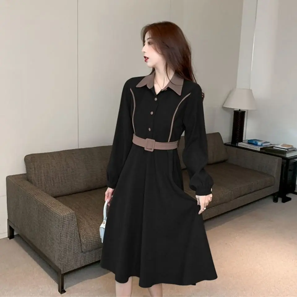 Spring Vintage Waist Dress French Turn-down Collar Long Sleeves Shirt Skirt Fashion Sashes Panelled Lantern Sleeve Long Dresses