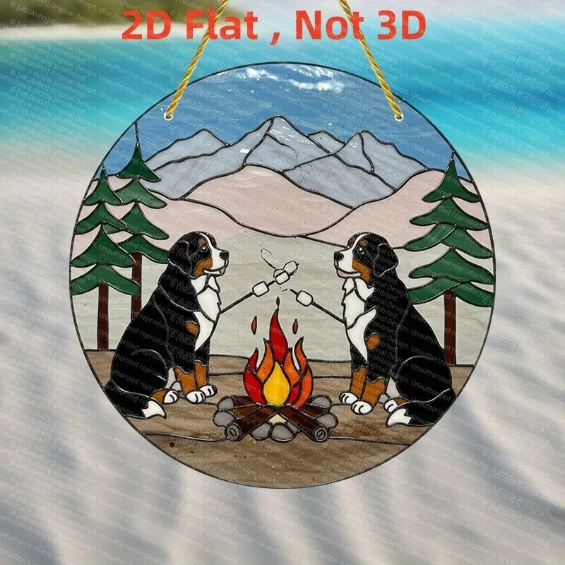2D Flach, 1 Stück VBUAHNY Kunststoff-Sonnenfänger - 7,8 Zoll Runde Wanddekoration mit Niedlichen Berner Sennenhunden & Lagerfeuer-Szene, Perfekt für