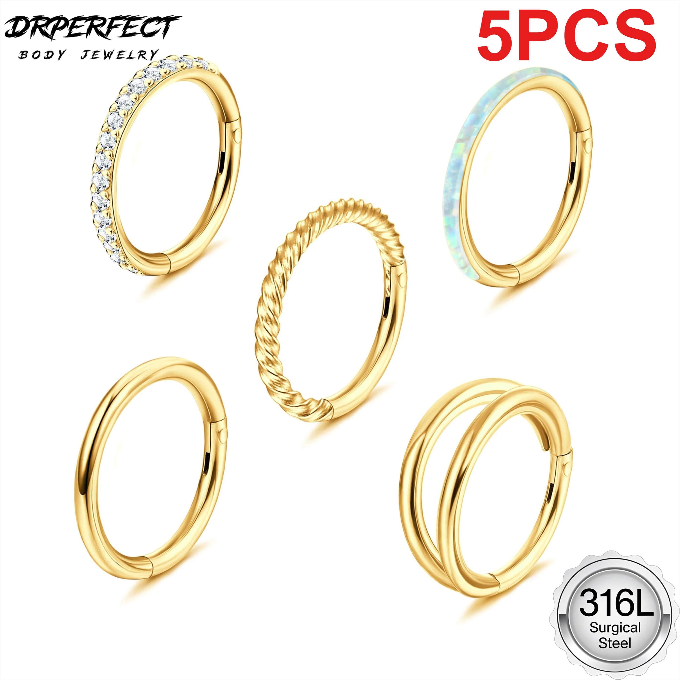 Drperfect 5 Stück Nasenringe aus chirurgischem Stahl für Frauen, Opal CZ Clicker Scharnier-Septum-Nasenring, Helix-Knorpel-Piercing-Schmuck