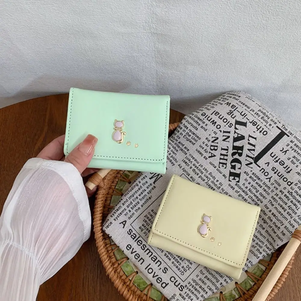 Lovely Portable Cute Tri-Fold Purses Multiple Card Slot Money Bag Folding Coin Purse Cat Candy Color Short PU Wallet Student