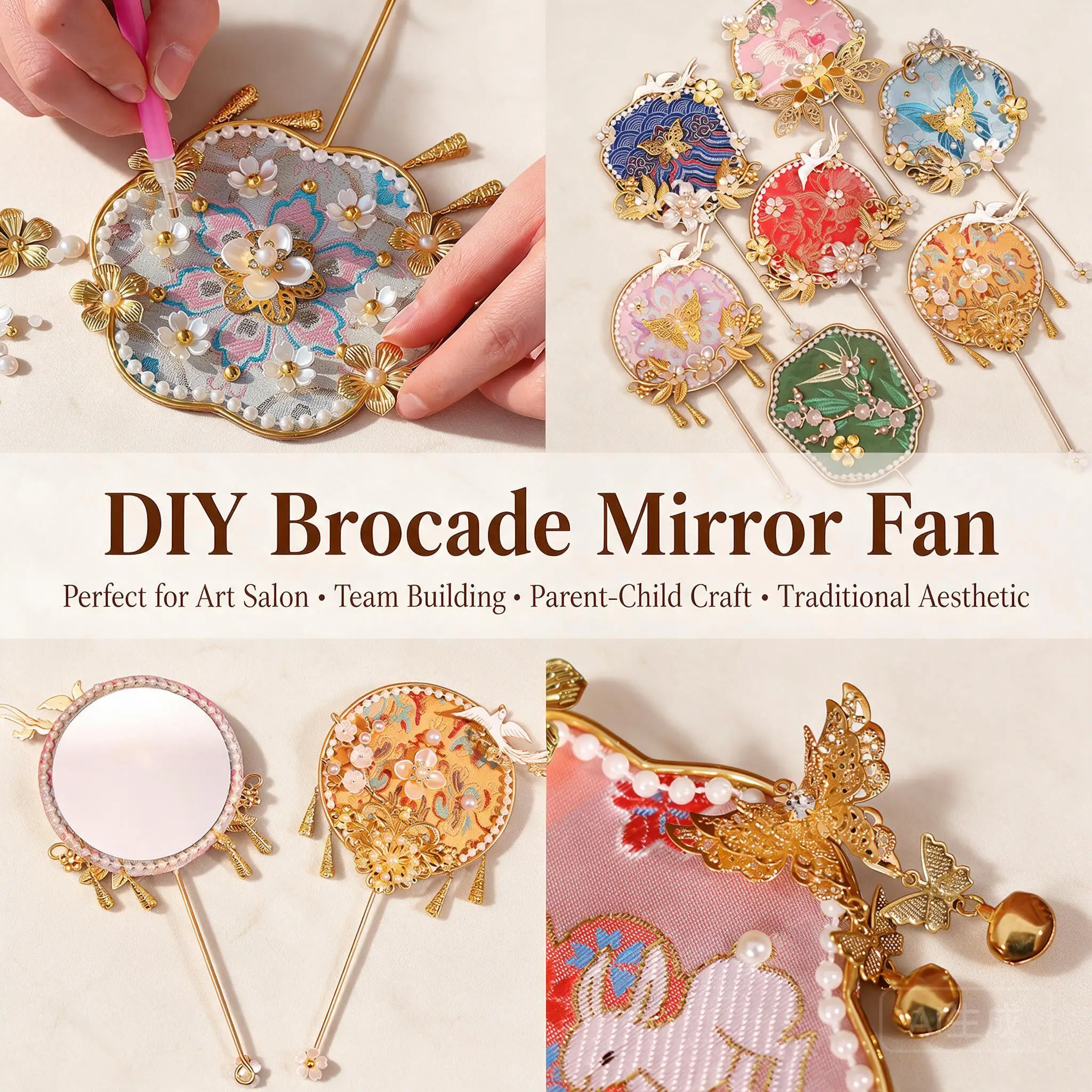 Chinese Traditional Song Brocade Diy Mini Fan Mirror Handmade Craft Kit For Mid Autumn Festival Community Salon Event Gift Set