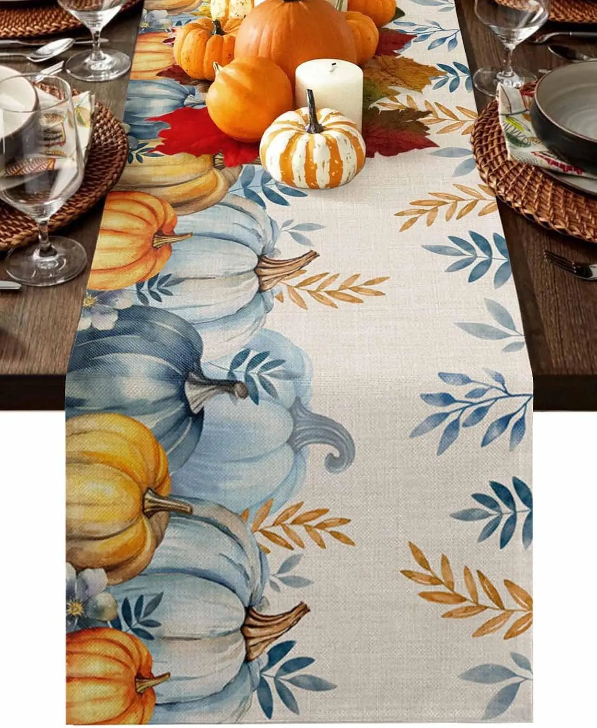 

Fall Pumpkin Leaves Linen Table Runner Holiday Party Decor Reusable Autumn Thanksgiving Table Runners Kitchen Dining Table Decor