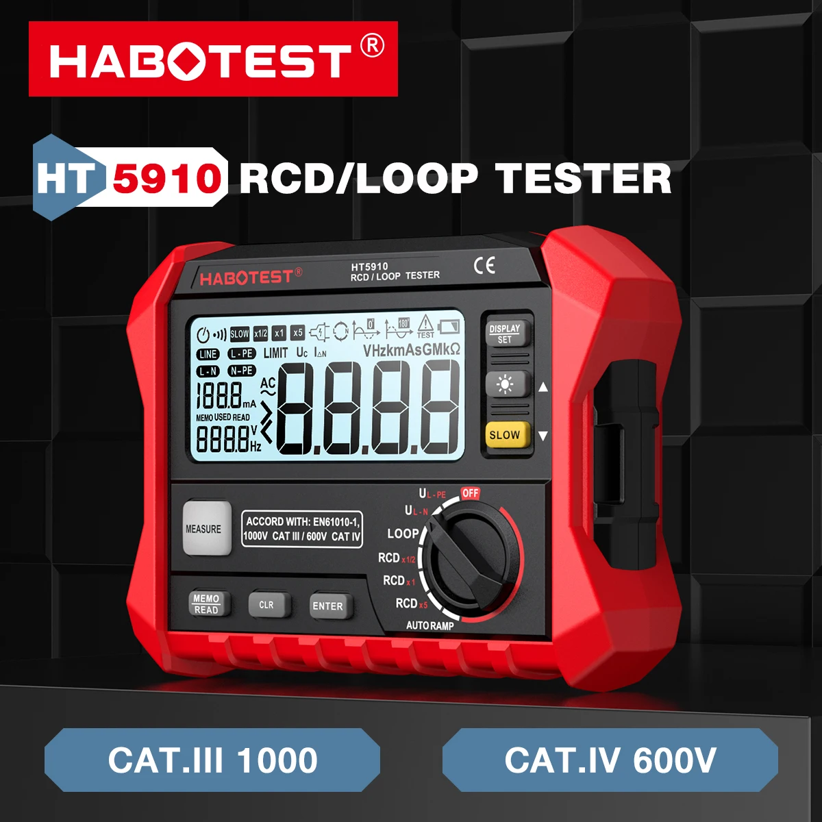 HABOTEST HT5910 Misuratore di resistenza Tester per interruttori di dispersione LCD Ohmmetro digitale RCD Loop 1000 Archiviazione dati Voltmetro Megohmmetro