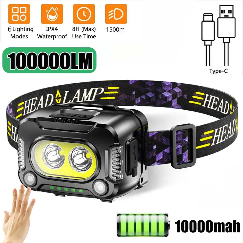 500000LM COB Sensor Headlamp LED Flashlight Headlight USB Rechargeable 18650 Head Light Camping Fishing Mining Light Lamp Torch