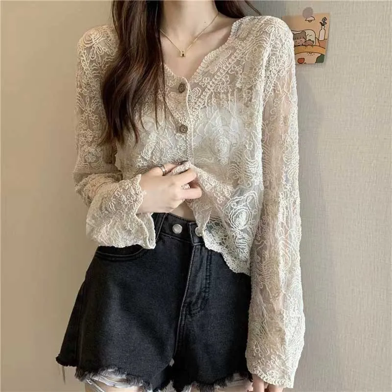 

2026 Spring Summer New Korean Style Crochet Hollow Out Lace Blouse for Women Elegant V Neck Long Sleeve Sun Protection Top