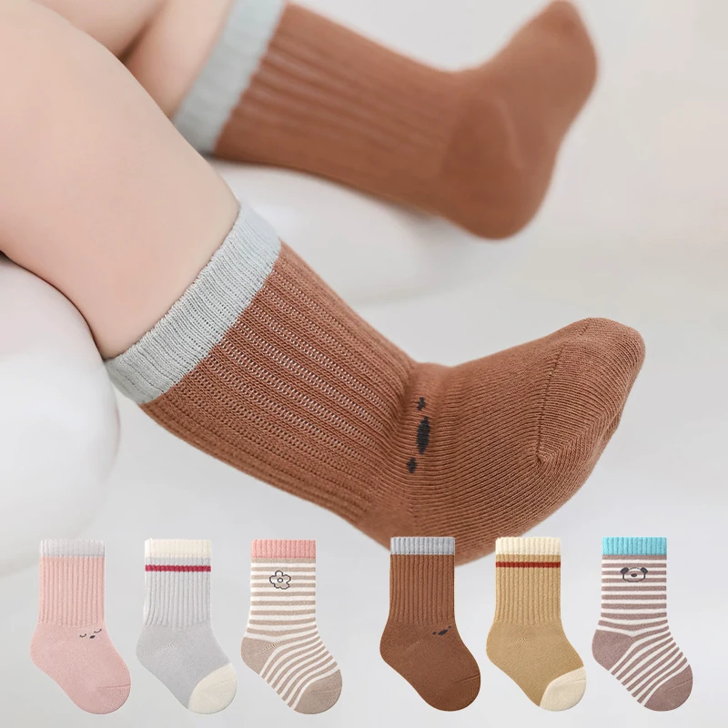 

3Pairs Autumn Children Mid Tube Socks Cute Cartoon Kids Stockings Boneless Newborn Loose Mouth Sock Fashion Stripe Baby Footwear