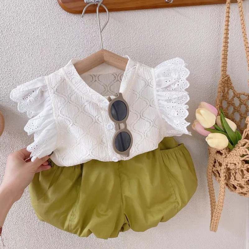 

Summer New Girls' Suit Cute Flounced Sleeve Lace Top plus Pumpkin Pants Two-Piece SuitWS