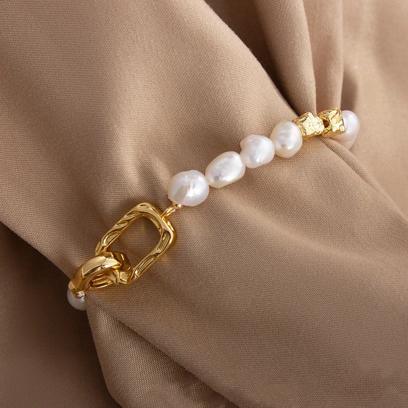 Natural Baroque Freshwater Pearl Bracelet Elegant Gold Color Charms Bangles for Women Luxury Personality Jewelry