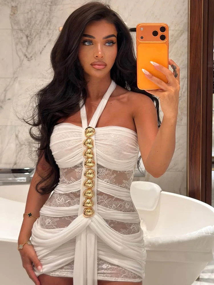 

Kliou Metal Decoration Mini Dress Woman Halter Backless Mesh Patchwork Ribbon Skinny Peach Hip Midnight Club Party Sexy Bodycon