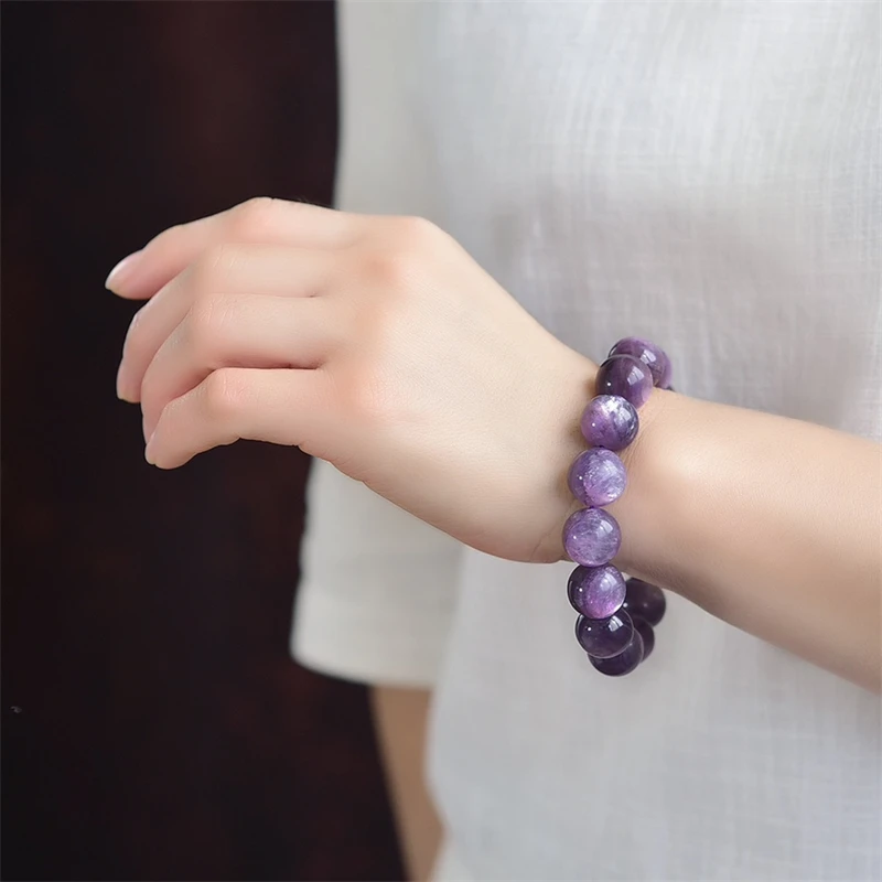 12MM Natural Purple Lepidolite Bracelet Crystal Yoga Reiki Healing Fengshui Stone Stretch Female Gift 1PCS