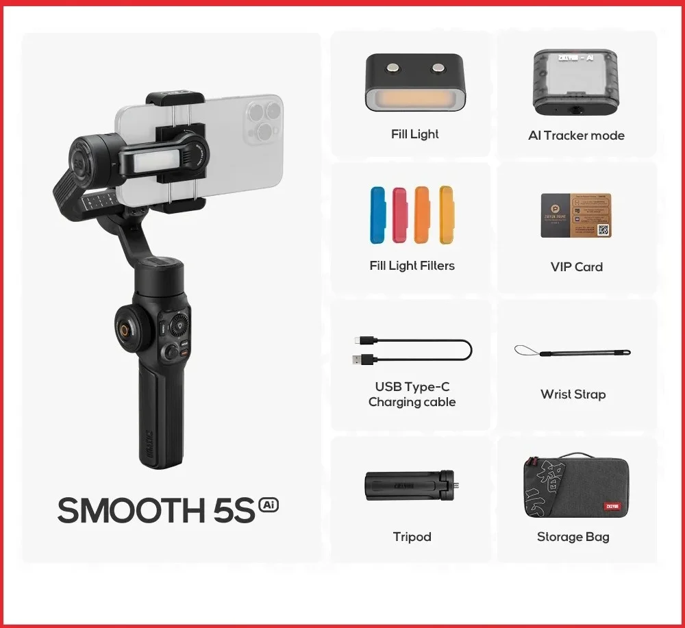 Zhiyun Smooth 5S AI 스마트폰 안정기 짐벌, 3 축 핸드헬드, 아이폰 15 프로 맥스 14 13 샤오미 삼성 화웨이 VS DJI OM 6