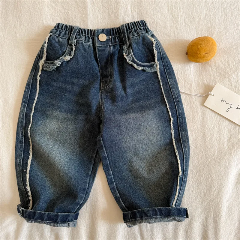 

2025 spring new products boys and girls wipe white rough edge jeans baby straight pants Children's trousers