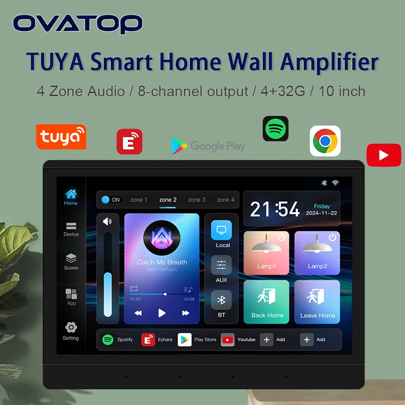 

10 inch Home smart Background music player 4 zone audio in wall amplifier HDMI android11 system 4+32G stereo sound control panel