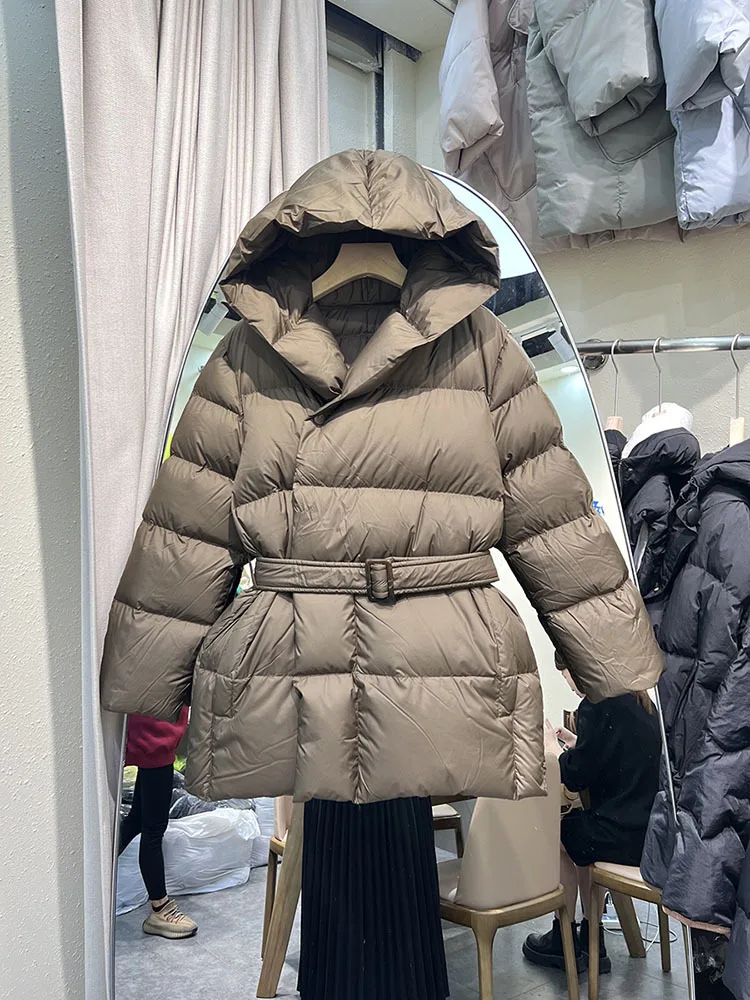 2023 Winter Women\'s Down Jackets Ultra Light Warm Casual Coat Female Puffer Jacket With a Belt Plus Size Hooded Parka Overcoat