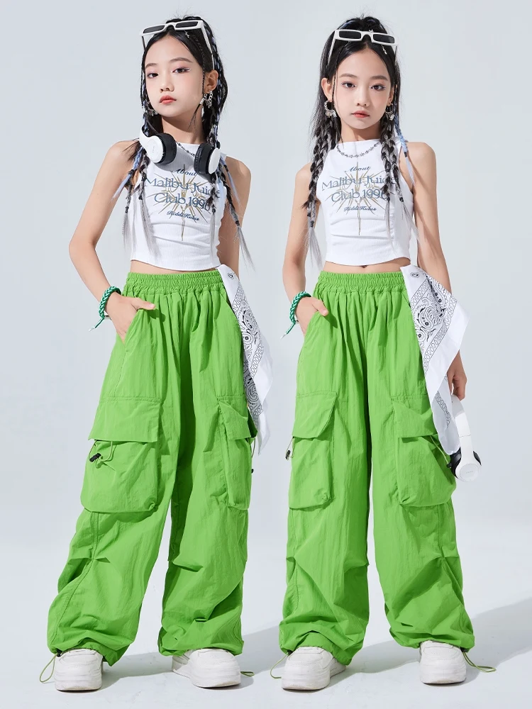 Kids Girls Jazz Dance Clothes Navel Vest Green Hip Hop Pants Loose Hip Hop Performance Outfit Kpop Stage Clothing Summer BL13019