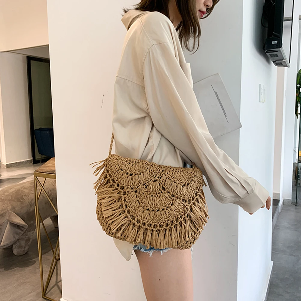 

Summer Beach Slim Flap Handbag Women Tassels Straw Rattan Weave Crossbody Bag Fashion Exquisite Shopping Bag