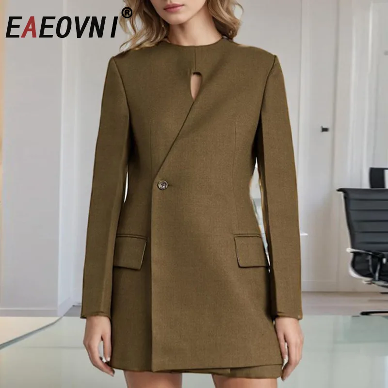 

EAEOVNI Vintage Style Brown Women's Suit Blazer Round Neck Hollow Out Button Irregular Jacket Fashion 2025 New Clothing 1A643