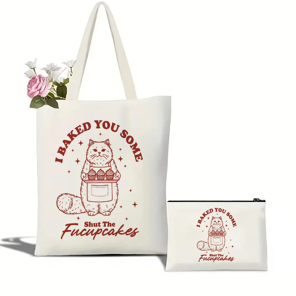 

I Baked You Some Shut The Fucupcakes Cat Canvas Tote Bag with Cosmetic Bag Large Capacity Shopping Bags Shoulder Handbag