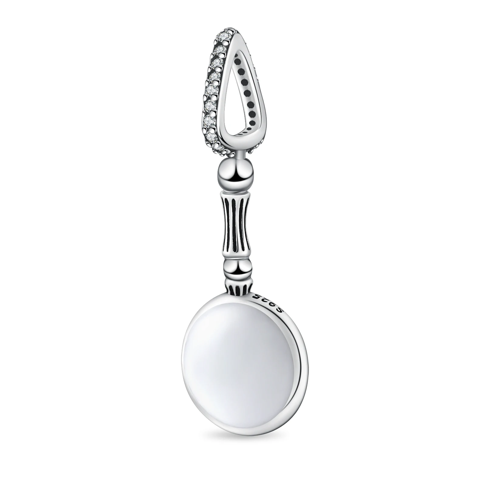 Silver Plated Dangle Charm Bead, Magnifying Glass With White Enamel Lens & Cz Accent Bead Fits European Bracelet Nice Curious
