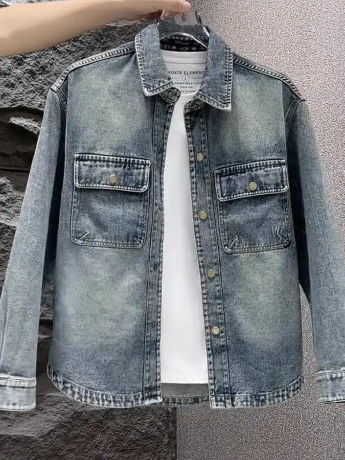 

Весенне-осенняя джинсовая куртка в деревенском стиле для мужчин, высококачественная джинсовая куртка с воротником, универсальная повседневная одежда, дышащая, с длинными рукавами