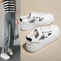 2025 Summer New Hollow Out Flat Bottom Casual Shoes for Women Fashion Comfort Thick Sole Lace Up Sneakers Women Zapatos De Mujer