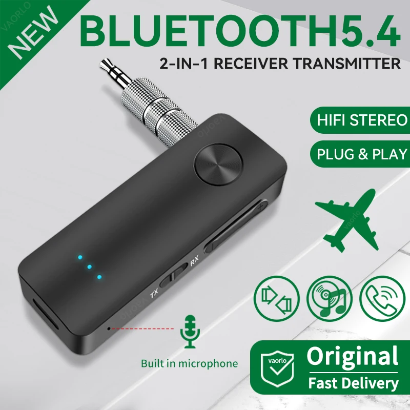 2 In 1 Bluetooth 5.4 Audio Receiver Transmitter Hifi Stereo Wireless Adapter 3.5MM AUX With Mic For Car Airplane TV PC Speaker