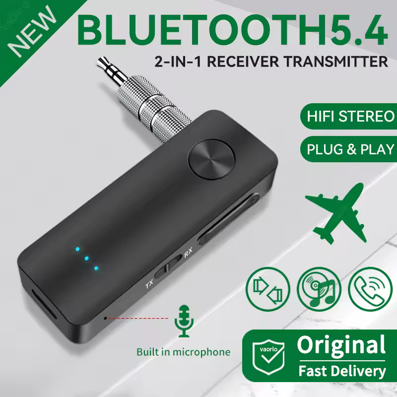 二合一无线音频适配器,蓝牙5.4接收器/发射器,3.5mm AUX接口,无损音质,带麦克风,适用于汽车音响、电视、电脑、飞机等设备。