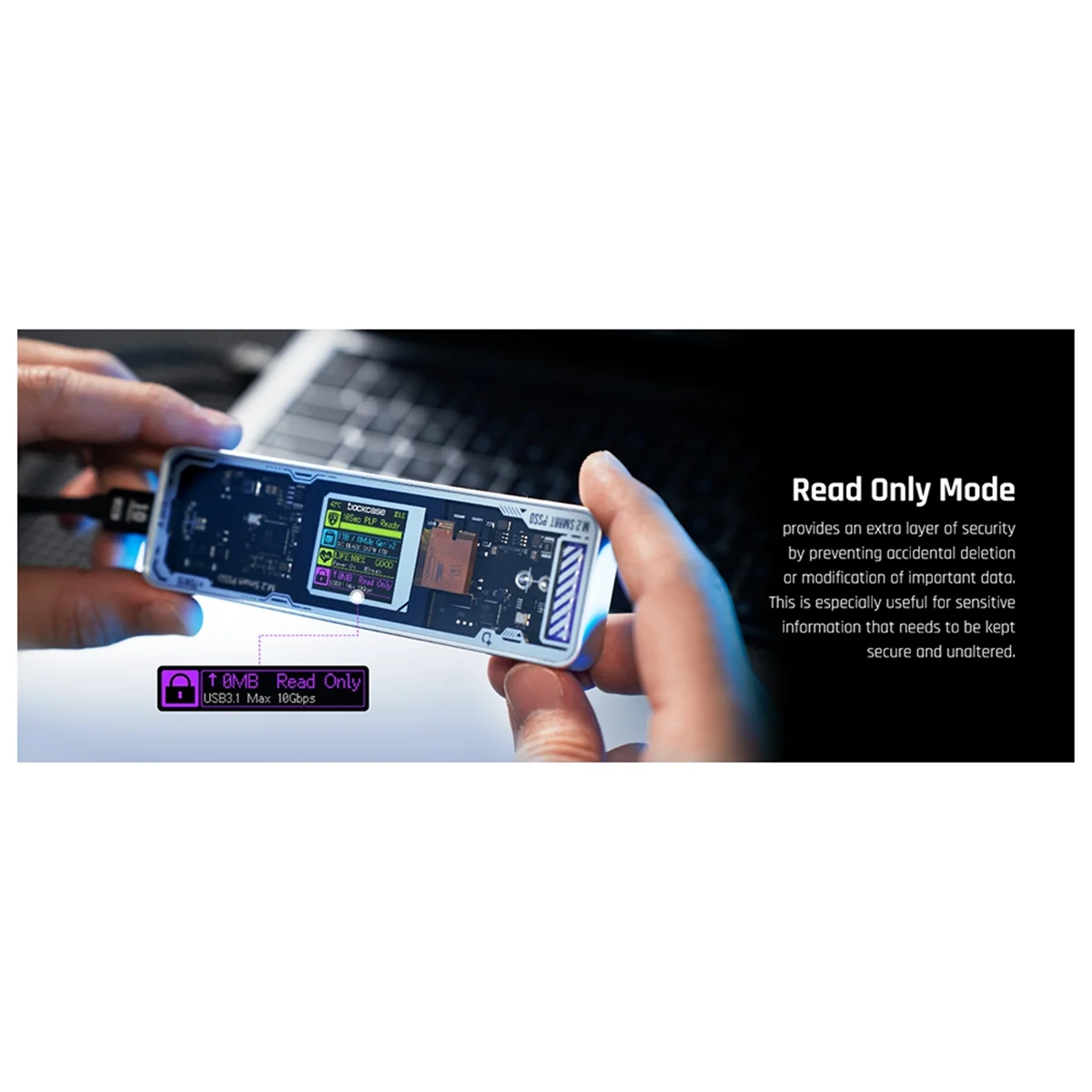 

A03V Smart 2280 M.2 NVMe SSD Enclosure Cyber Design Explorer Edition with LCD Display Max 10GBps Type-C Black