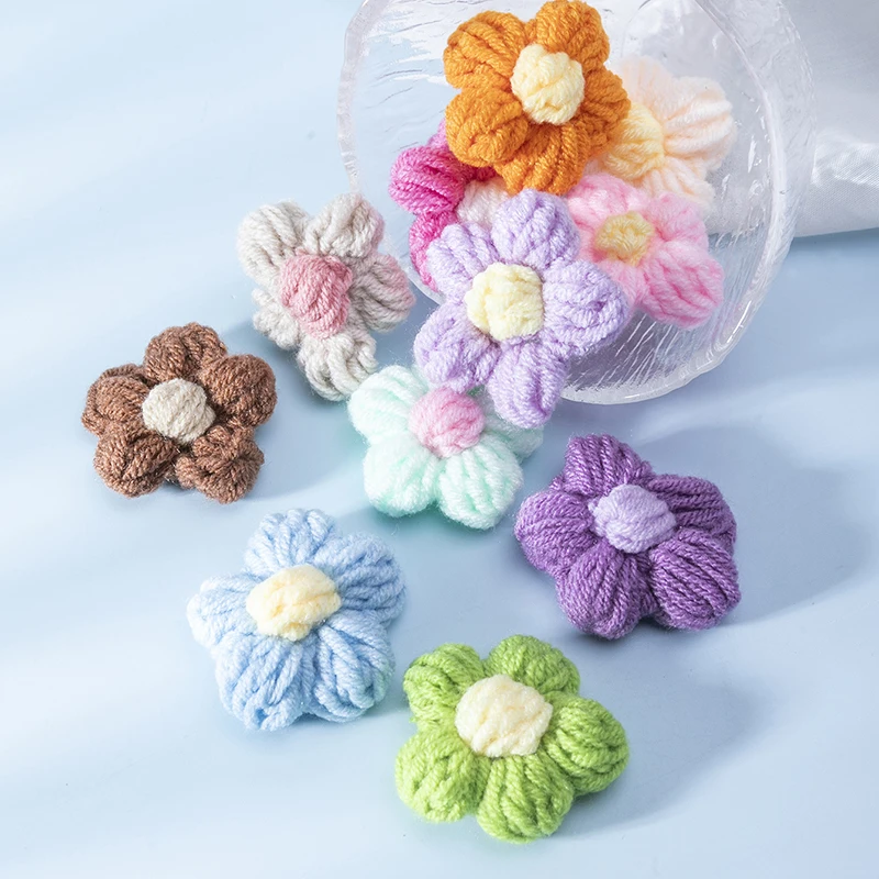 Fashion 10pcs Colorful Hand-Woven Puff Flower Wool Crochet Yarn Textile Flower Handmade Weeding Flowers Clothing Accessories