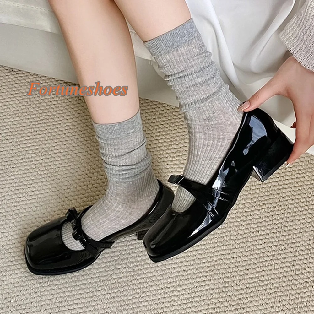 Shallow Butterfly Knot Sandals Chunky Heel Square Toe Solid Black Women Shoes 2025 New Arrivals Casual Autumn/spring Pumps