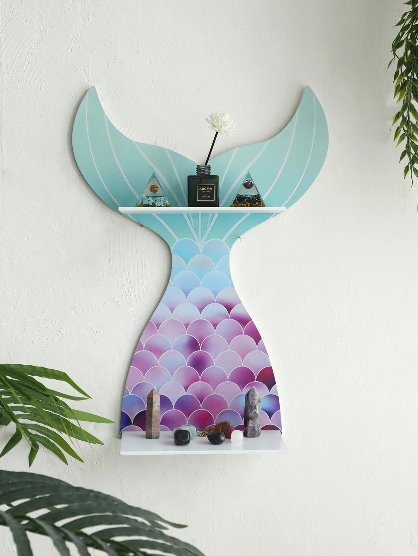 Mermaid Tail Wooden Crystal Shelf Essential Oil Display Floating Wall Shelf Boho Wall Mounted Aromatherapy Holder Art Home Decor
