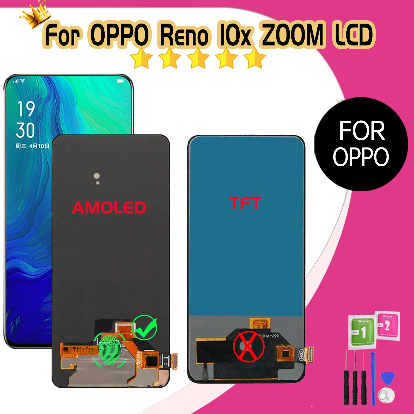 

ЖК-дисплей 6,6 дюйма для Oppo Reno 10x Zoom CPH1919 PCCM00, ЖК-дисплей с сенсорным цифровым преобразователем в сборе с дактилоскопическим сенсором для Reno10X Zoom Screen