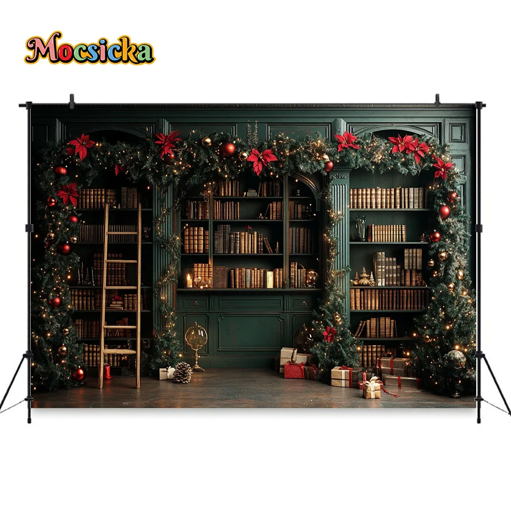 Christmas Bookshelf Background Photography Xmas Tree Garland Vintage Green Room Backdrop Decor Winter Kids Birthday Photo Studio