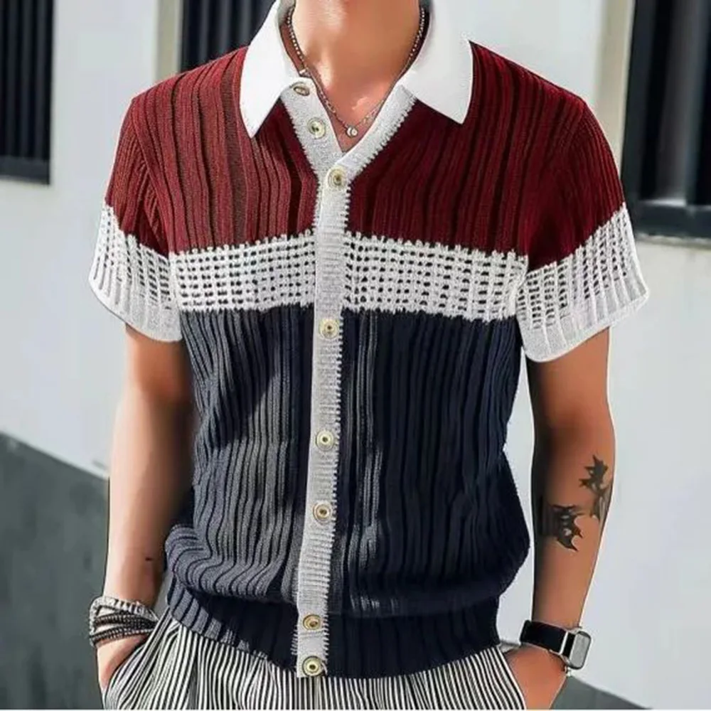 

Mens Shirt Retro Daily Knitted Polo Shirt Slim Fit Summer Striped Contrast Color Trend Breathable Trendy Short Sleeve Tops 2024