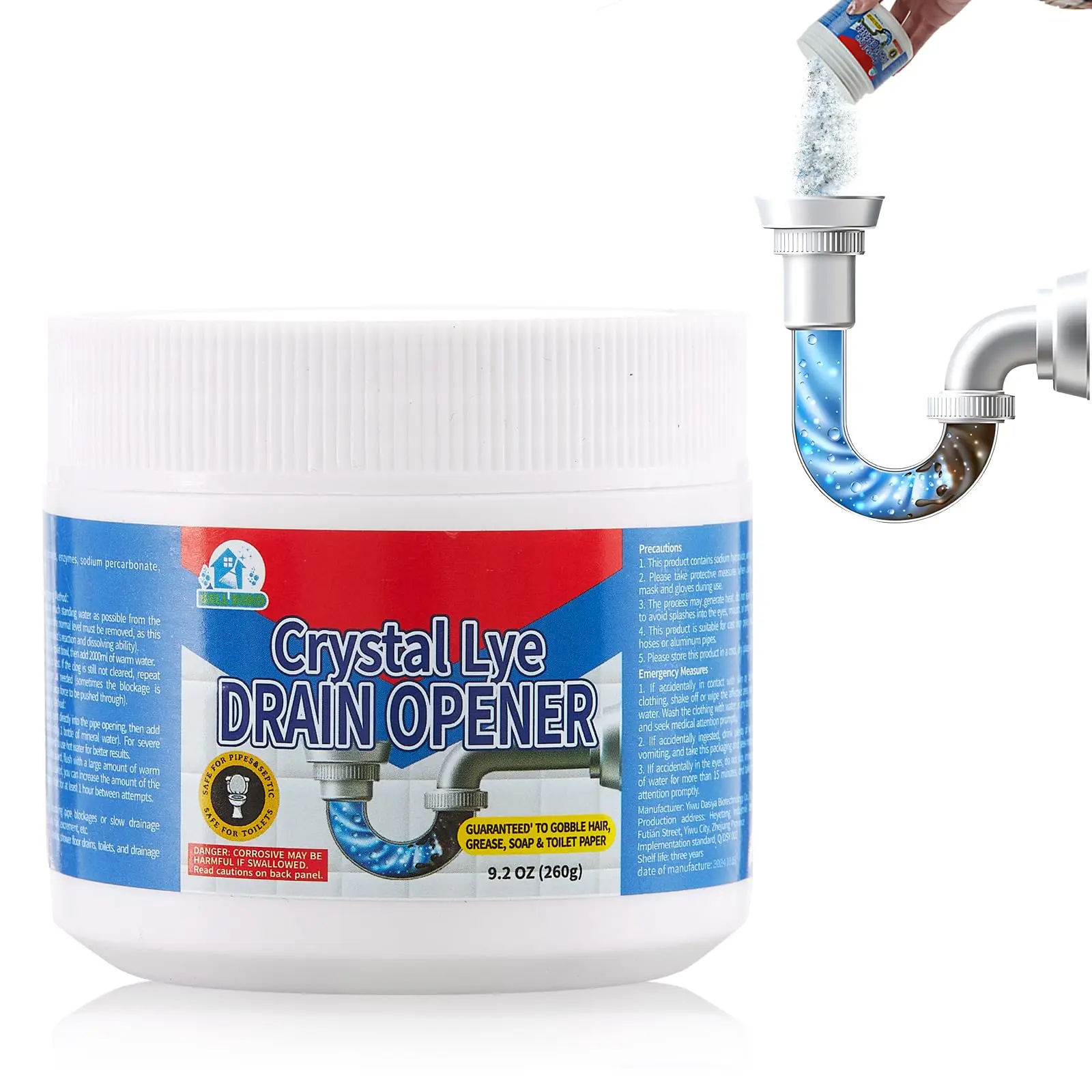 Crystal Lye Drain Opener 260G Powerful Pipe Cleaner Safe For Pipes Removes Hair Grease Soap And Toilet Paper Clogs-image