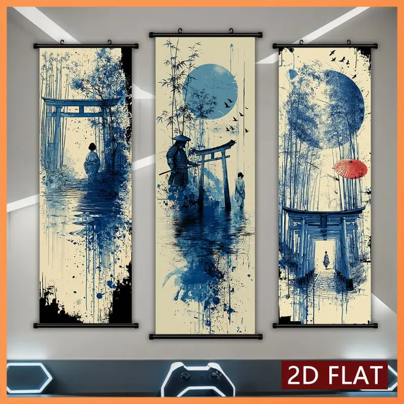 VIKAMA Blue White Ukiyo-e Torii Wall Tapestry Bamboo Forest Samurai Red Umbrella Scroll Art Home Decor Premium Quality Soft Cozy
